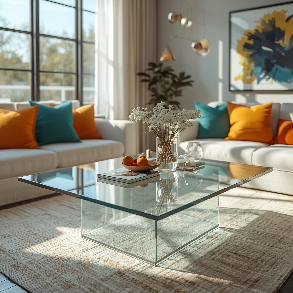 Stylish modern living room with crystal clear glass center table