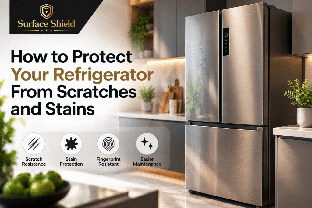 Stainless steel refrigerator protected from scratches and stains with Surface Shield surface protection