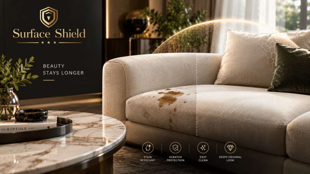 Designer sofa protected with transparent surface protection by Surface Shield while maintaining its original appearance