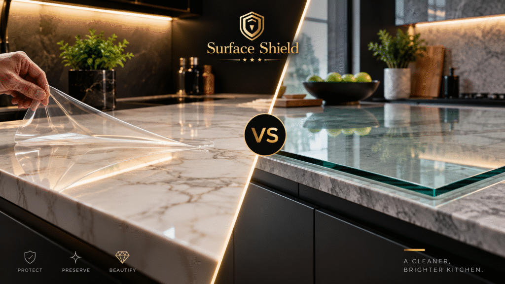 Countertop protection film compared with glass protection on a premium kitchen countertop