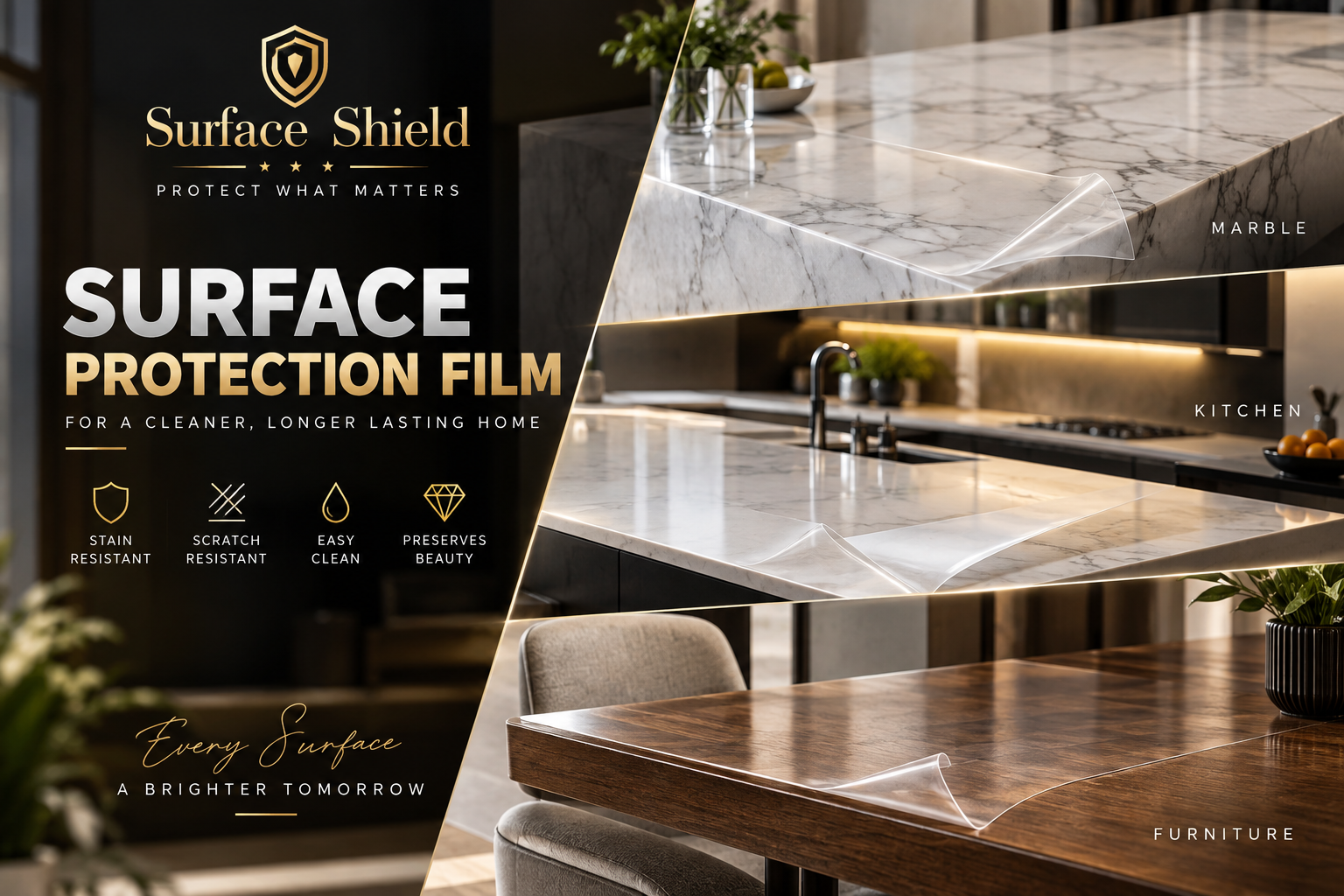 Surface Protection Film protecting marble, kitchen and furniture surfaces