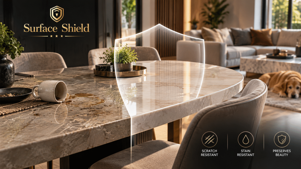 Surface Protection Film protecting a luxury marble dining table and home interior
