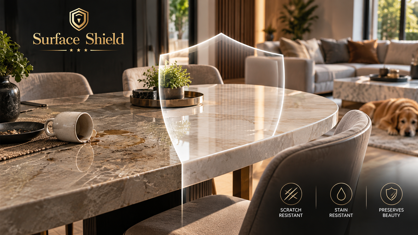 Surface Protection Film protecting a luxury marble dining table and home interior