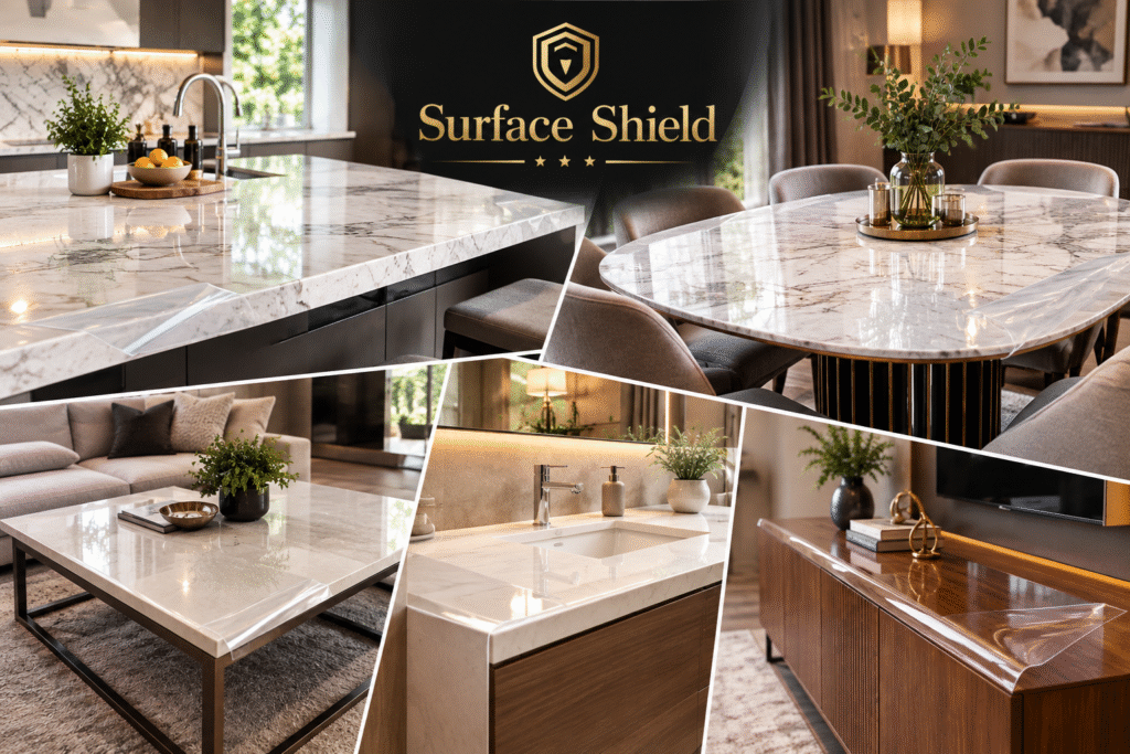 Surface protection film applied to a modern marble kitchen countertop by Surface Shield