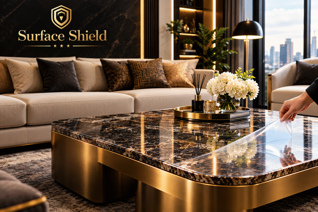 Luxury marble furniture protected with transparent protection film by Surface Shield